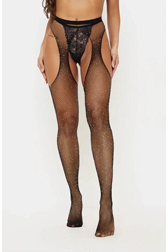 Taşlı File Çorap Ağ Bölgesi Açık File Çorap