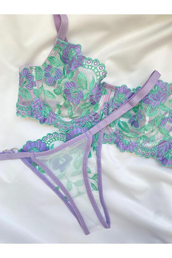 İç Çamaşırı Sütyen Takımı Lila Çiçekli Nakışlı