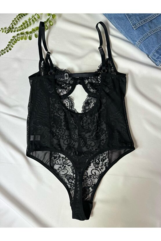 Siyah Dantelli Balenli Balkonet Bodysuit