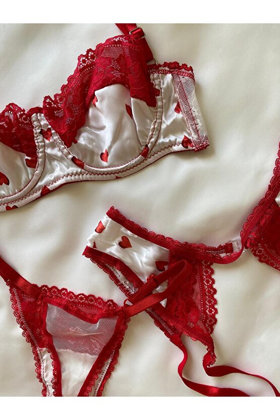 Kalp Desenli Dantel Jartiyer takımı