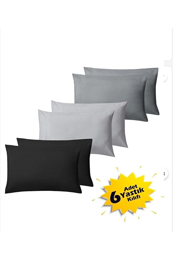 %100 Cotton (TOPLAM 6ADET) 2 Adet Füme 2adet Siyah 2 Adet Gri Yastık Kılıfı Pillow Case Çeyiz