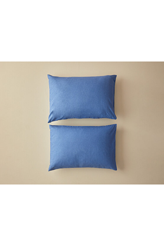 Textured Plain Kolay Ütülenir 2li Yastık Kılıfı 50x70 Cm Mavi