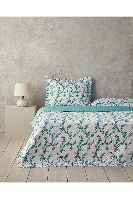 Scroll Flowers Çift Kişilik Yatak Örtüsü Takımı Yeşil