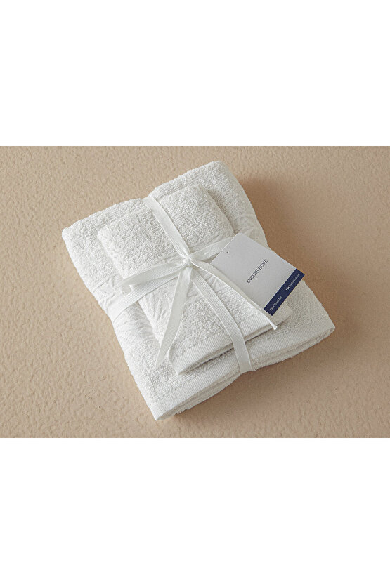 Branch Pamuklu Jakarlı Yüz Havlusu Seti 50x80+30x45 Cm Ekru