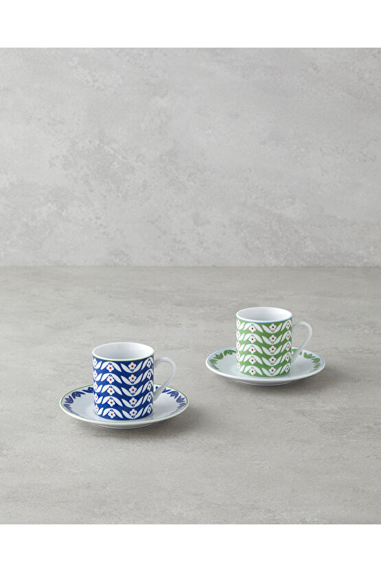 Nixie Porselen 4 Parça 2 Kişilik Kahve Fincan Takımı 80 ml Yeşil-Mavi