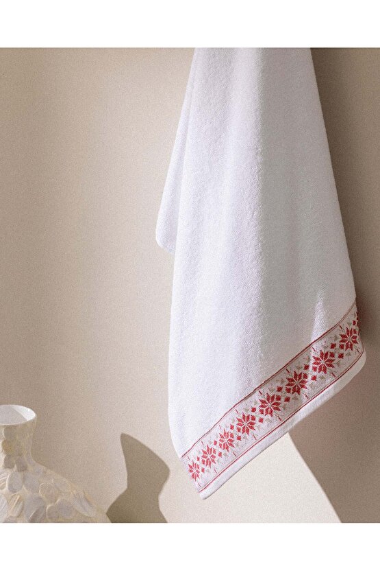 Caresse %100 Pamuk Banyo Havlusu - BeyazKırmızı - 70x140 cm