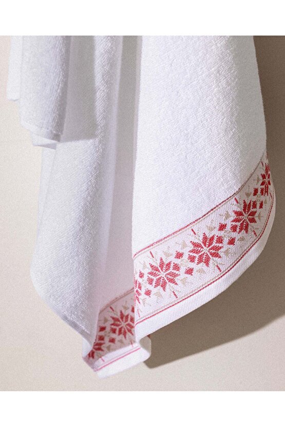 Caresse %100 Pamuk Banyo Havlusu - BeyazKırmızı - 70x140 cm