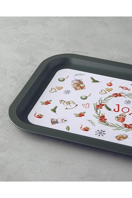 New Year Joy Metal Tepsi 35x23 cm Yeşil