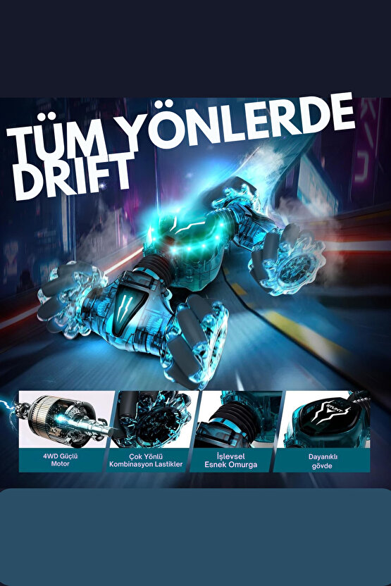 Oyuncak 2.4 GHz Bilekten ve Uzaktan Kumandalı Işıklı 4X4 Çift Kumandalı Akrobat Araba Şeffaf Model