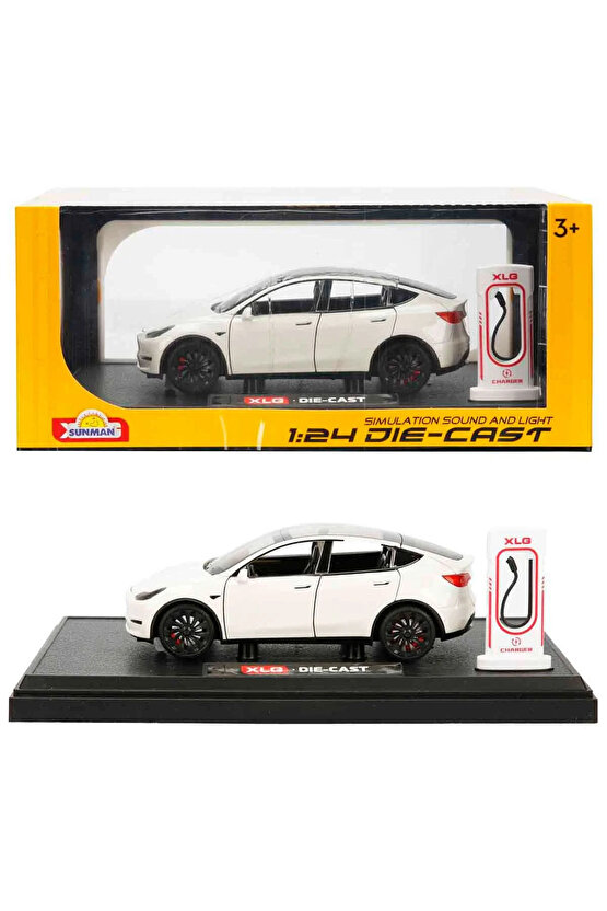 Die Cast Koleksiyonluk 1:24 Ölçek Tesla Model Y Metal Araba Şarj İstasyonu Dahil Sesli Işıklı
