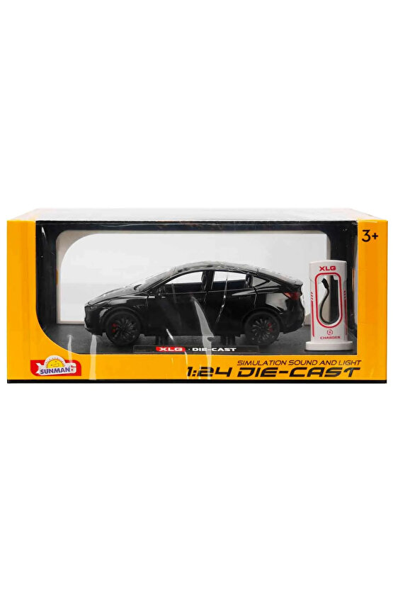 Die Cast Koleksiyonluk 1:24 Ölçek Tesla Model Y Metal Araba Şarj İstasyonu Dahil Sesli Işıklı