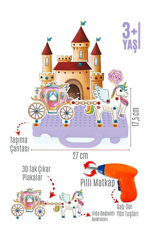 Oyuncak Eğitici Aktivite Mentossori 3D Eğitici Matkap  Tak Puzzle Seti Unicorn Serisi