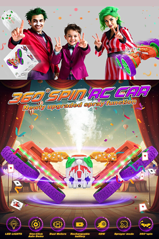 Oyuncak 2.4 Ghz Uzaktan Kumandalı Şarjlı Buhar Atan Akrobat Araba Batman Joker