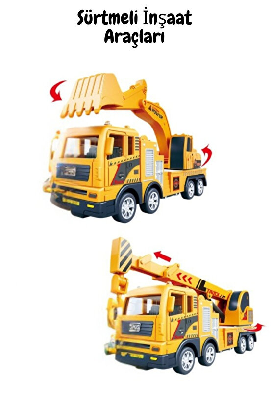 Oyuncak Sürtmeli Metal 1:50 Ölçek Sarı Vinç ve Ekskavatör 2si1 Arada