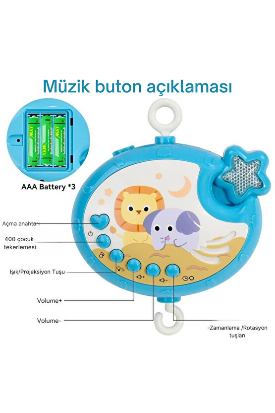 Pilli Işıklı Müzikli Projektörlü Kumandalı Sabitlemeli Dönence Çıngıraklı Bebek Yatıştırıcı Dönence