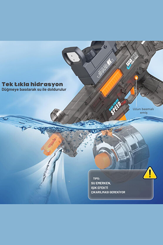 Oyuncak Şarjlı Işıklı Tam Otomatik Ateş Efektli Dürbünlü Gerçekçi Su Tabancası