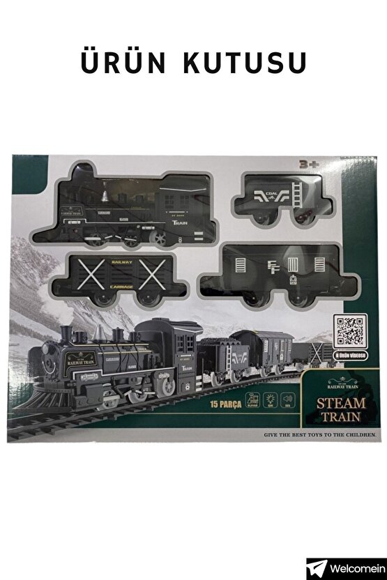 Oyuncak Işıklı ve Sesli Buhar Çıkartan 15 Parça Tren Set Buharlı Tren