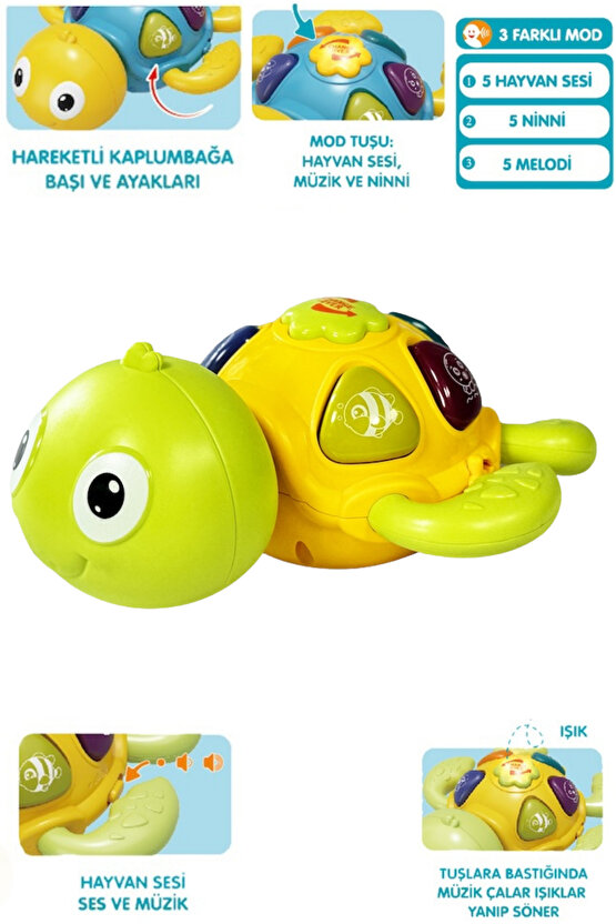 Oyuncak Işıklı ve Sesli 5 Farklı Hayvan Sesi Melodi ve Ninni Çalan Eğitici Kaplumbağa Bebek Piyanosu