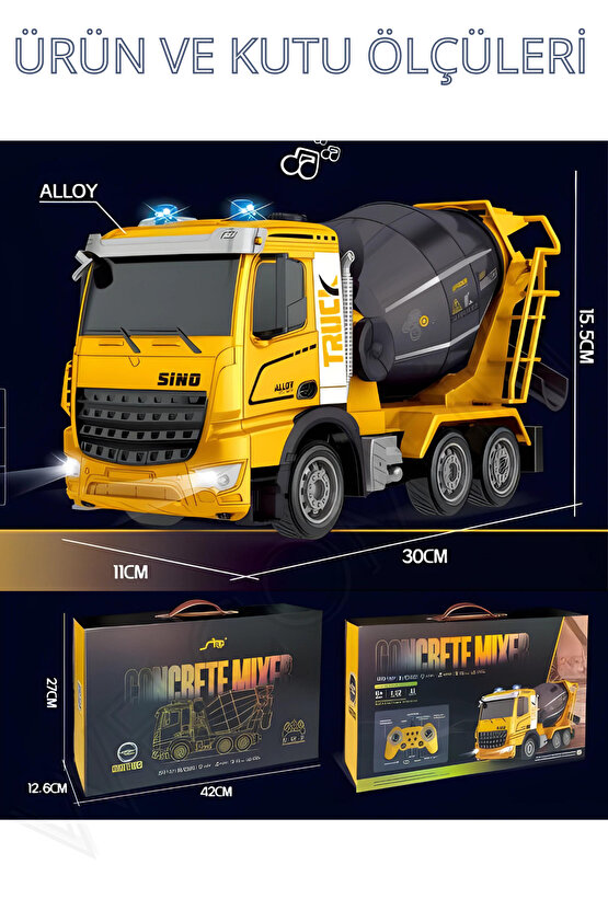 Oyuncak 2.4GHz Full Fonksiyon Uzaktan Kumandalı 1:12 Ölçek Işıklı ve Sesli Şarjlı Beton Mikseri