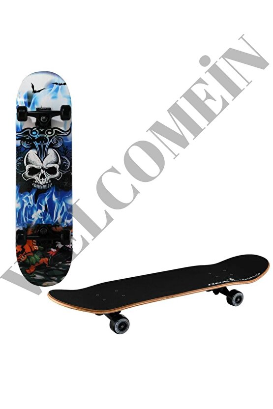 Kaykay Zımparalı Üst Yüzey Silikon Tekerli Akağaç  Kurukafa Ahşap Kaykay