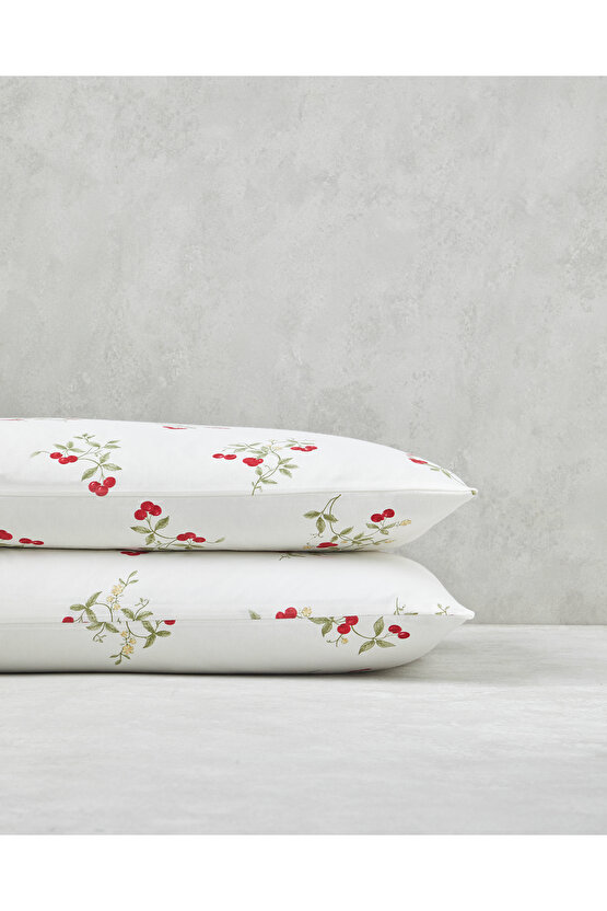 Cherry Blossom Kolay Ütülenir 2li Yastık Kılıfı 50x70 cm Beyaz - Kırmızı