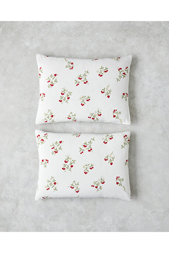 Cherry Blossom Kolay Ütülenir 2li Yastık Kılıfı 50x70 cm Beyaz - Kırmızı