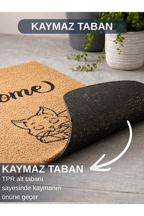 Welcome Yazılı Kedi Desenli Koko Paspas Ev Dış Kapı TPR Kaymaz Taban Modern Su Geçirmez Bej 70x45CM