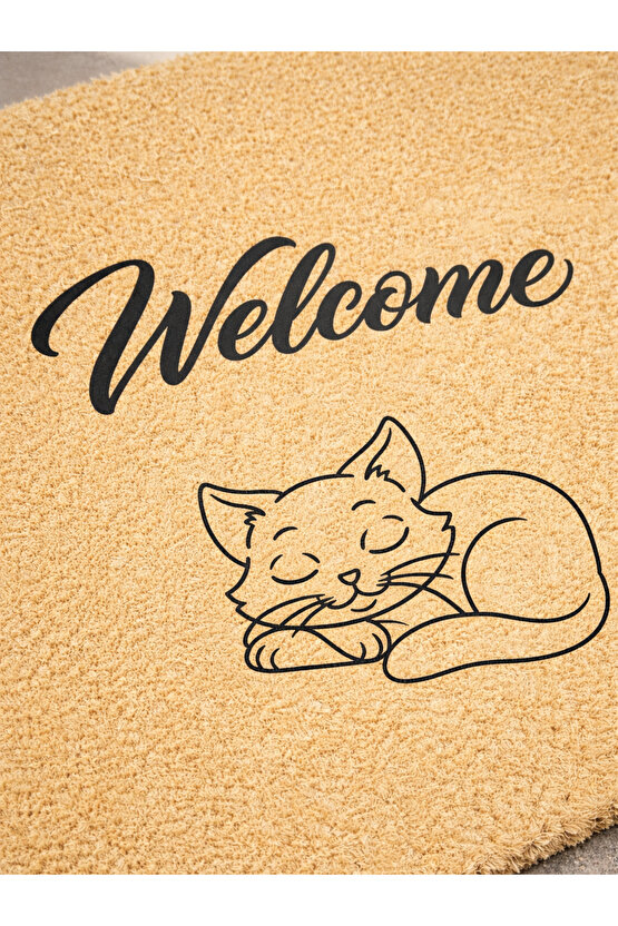 Welcome Yazılı Kedi Desenli Koko Paspas Ev Dış Kapı TPR Kaymaz Taban Modern Su Geçirmez Bej 70x45CM