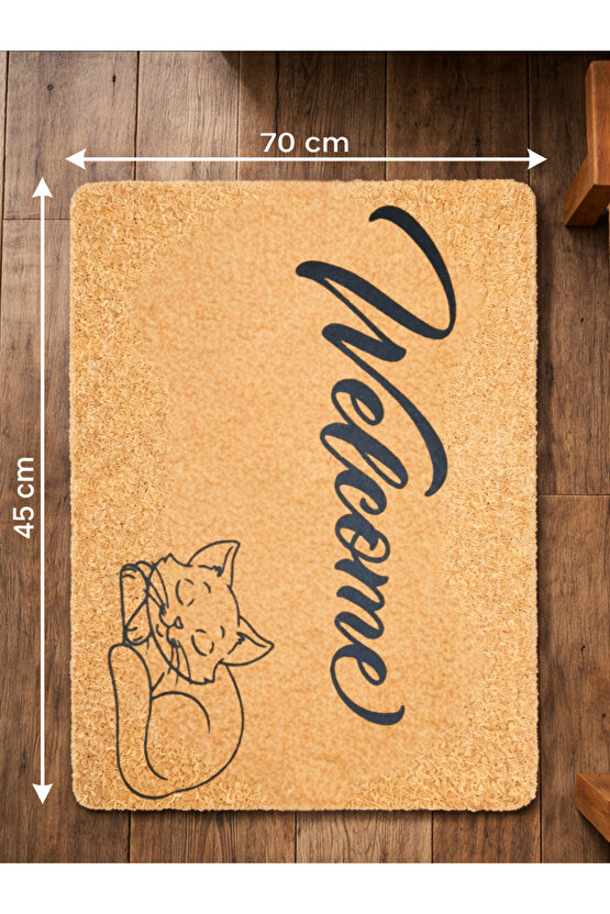 Welcome Yazılı Kedi Desenli Koko Paspas Ev Dış Kapı TPR Kaymaz Taban Modern Su Geçirmez Bej 70x45CM