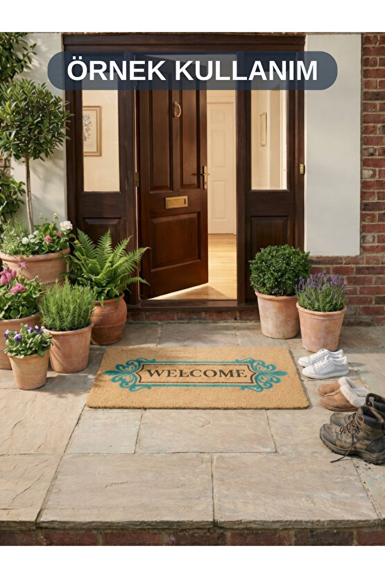Welcome Yazılı Desenli Koko Paspas Ev Dış Kapı TPR Kaymaz Taban Modern Su Geçirmez Bej 70x45CM