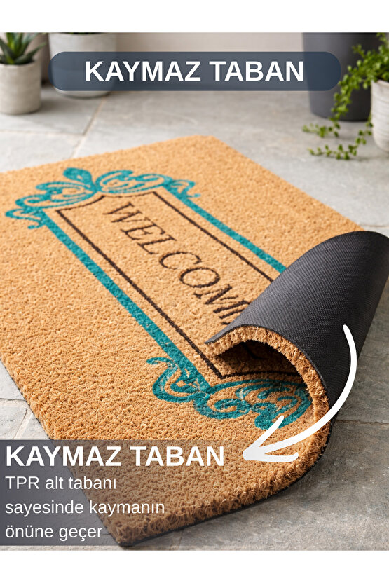 Welcome Yazılı Desenli Koko Paspas Ev Dış Kapı TPR Kaymaz Taban Modern Su Geçirmez Bej 70x45CM