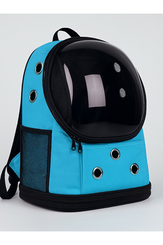 Yıkanabilir Şeffaf Kedi ve Köpek Taşıma Çantası 7 Hava Kanalı Fileli Ceplerle Pratik Kullanım Mavi
