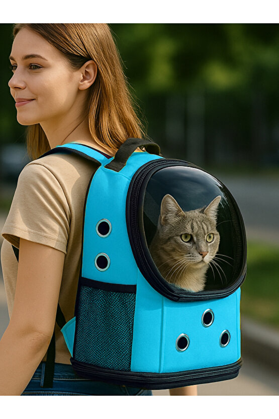 Yıkanabilir Şeffaf Kedi ve Köpek Taşıma Çantası 7 Hava Kanalı Fileli Ceplerle Pratik Kullanım Mavi