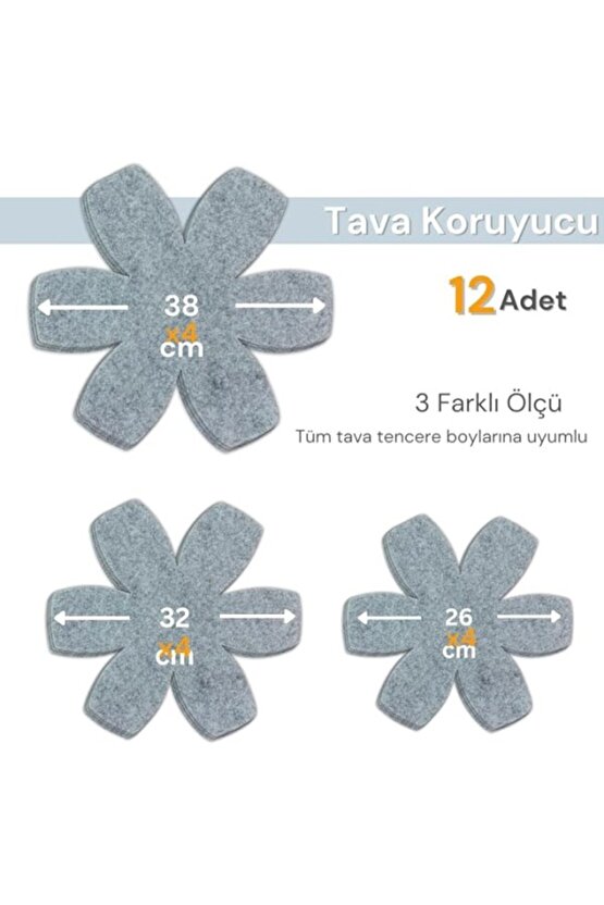 Beylini 12Li Set Tava Tencere Koruyucu Ve Düzenleyici Keçesi (Gri)