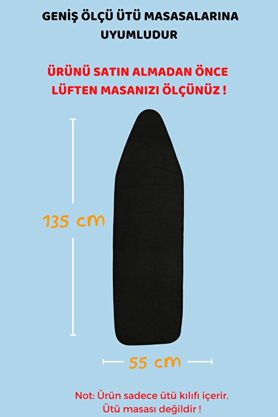 Ütü Masası Kılıfı Örtüsü Bezi, Keçeli Süngerli Lastikli Yanmaz Ayarlanabilir 55x135 Cm Siyah