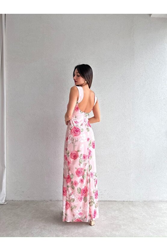 Kadın Astarlı Çiçek Desenli Uzun Tül Elbise