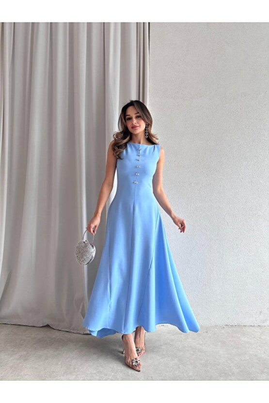 Kadın Taş Fiyonk Detaylı Uzun Elbise