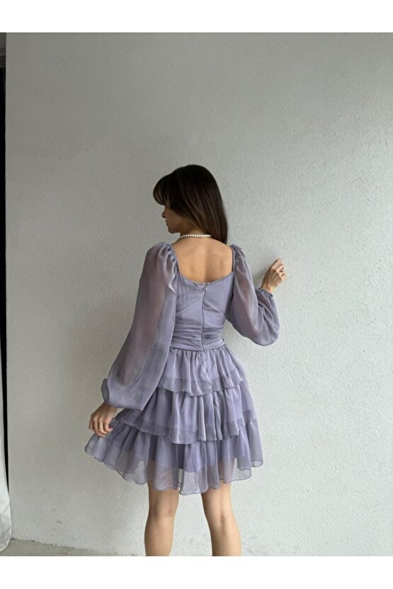 Kadın Kare Yaka Kat Etekli Transparan Kollu Mini Şifon Elbise