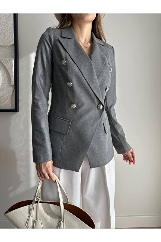 Kadın Çapraz Tek Düğme Belden Oturtmalı Blazer Ceket