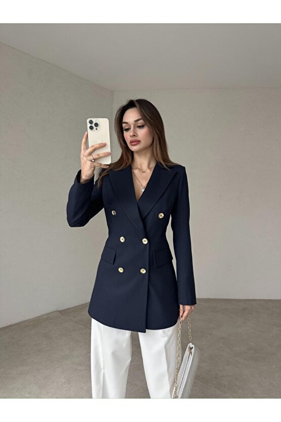 Kadın Çift Düğme Atlas Kumaş Ceket