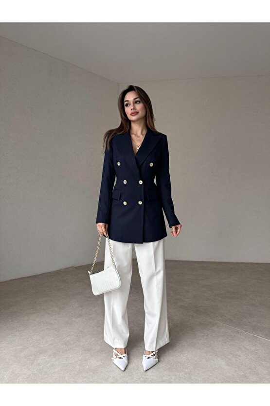 Kadın Çift Düğme Atlas Kumaş Ceket