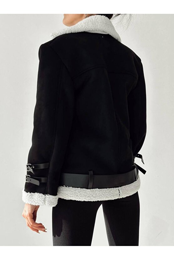 Kadın Süet İçi Pelüş Kemerli Kısa Nubuk Kaban