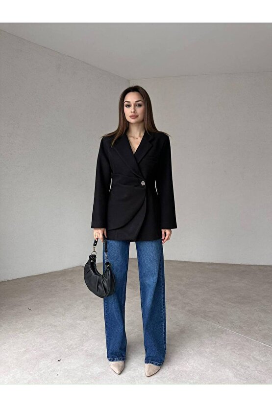 Kadın Yan Düğme Kaşe Kumaş Siyah Ceket Kaban