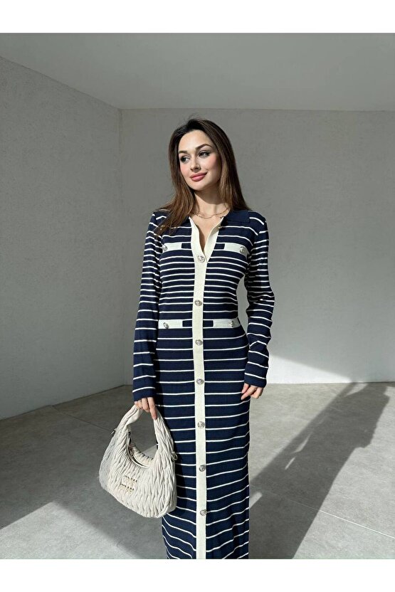 Kadın Çizgi Desen Maxi Triko Elbise