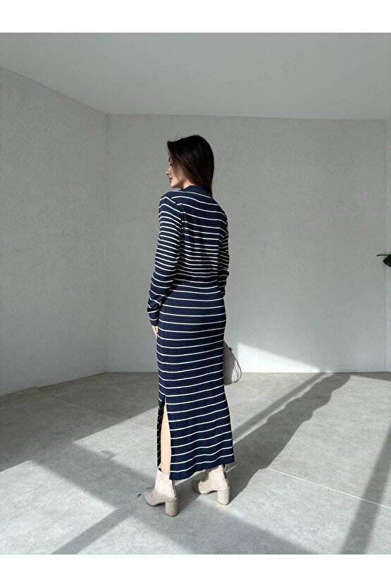 Kadın Çizgi Desen Maxi Triko Elbise
