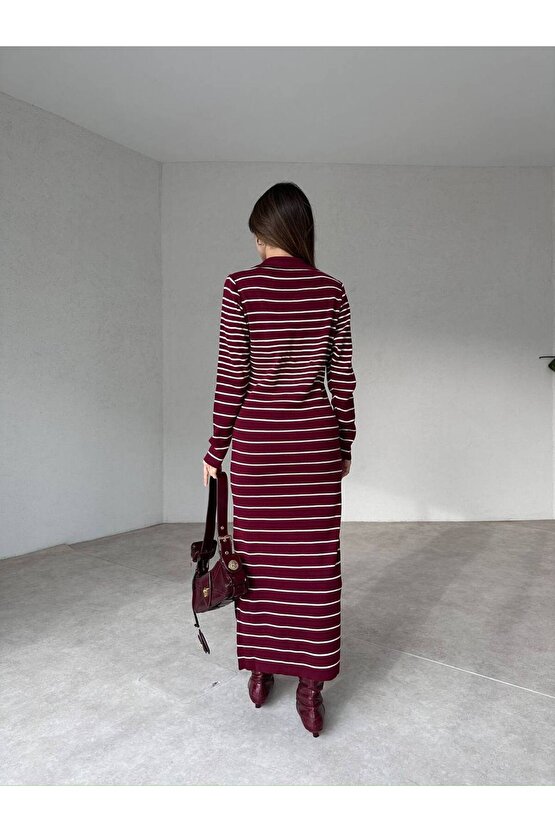 Kadın Çizgi Desen Maxi Triko Elbise