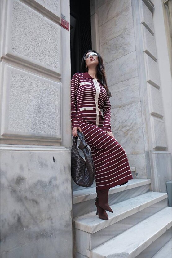 Kadın Çizgi Desen Maxi Triko Elbise