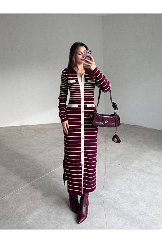 Kadın Çizgi Desen Maxi Triko Elbise