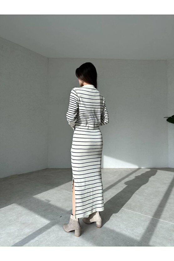 Kadın Çizgi Desen Maxi Triko Elbise