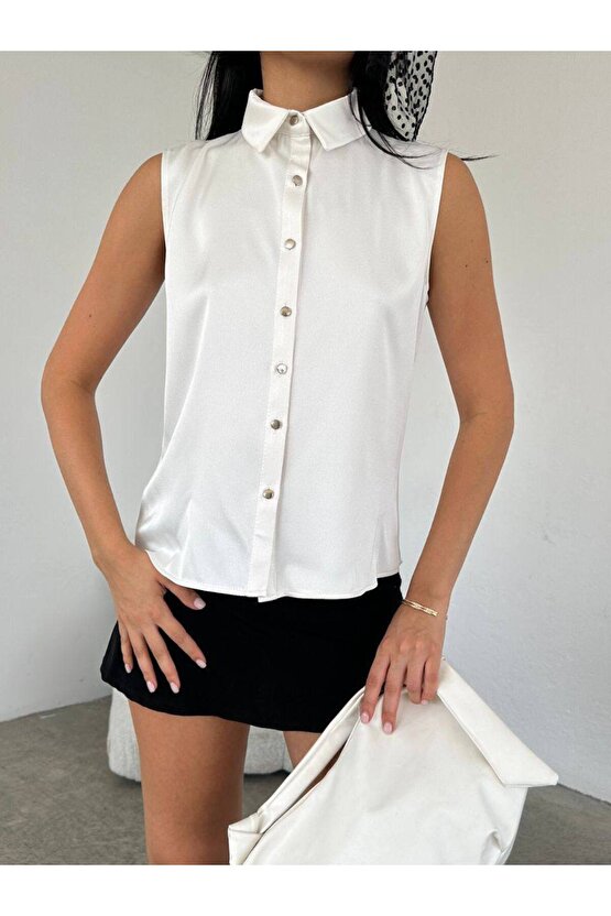 Sırt Taş Detaylı Krem Saten Gömlek